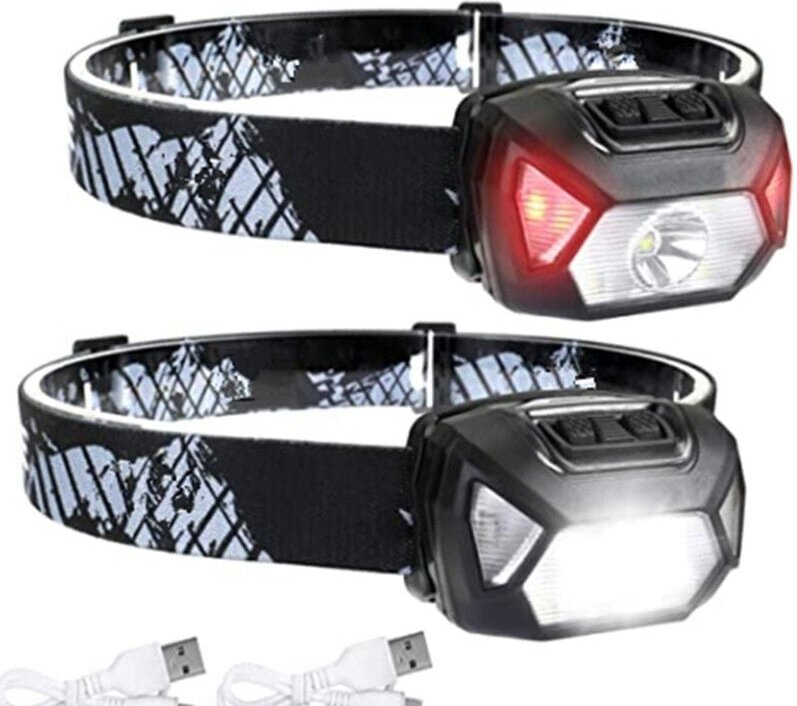 Set mit 2 wiederaufladbaren LED-Stirnlampen, 300 Lumen – 6 Leuchtmodi, IPX4 – Ideal für Camping, Wandern, Heimwerken und...