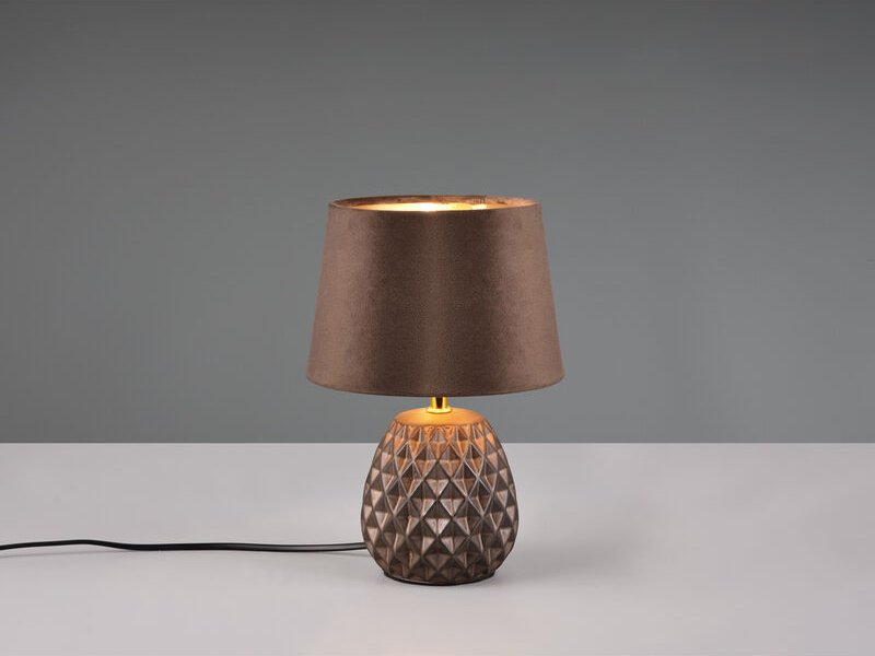 Led Retro Tischleuchte mit Samtschirm in Braun Gold, Höhe 27cm