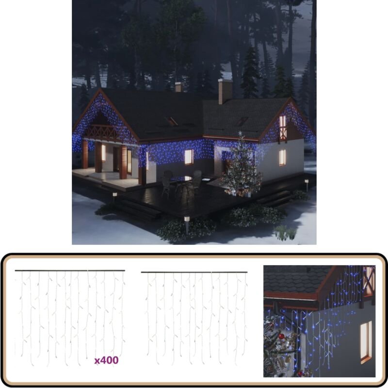 Lichtervorhang LED Eiszapfen 10 m 400 LED Blau 8 Funktionen - LED-Lichtring - Eiszapfenleuchten - Weihnachtsdeko - Outdo...