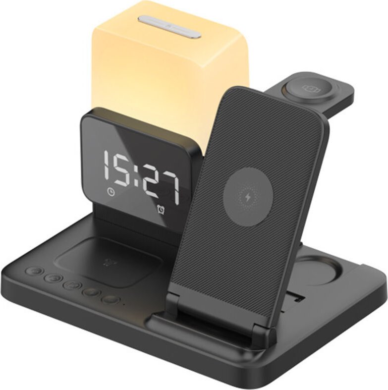 6-in-1 Smart Wireless Charger, Multifunktionswecker, 15w Schnellladung mit LED Uhr Schnellladestation für IPhone IWatch ...