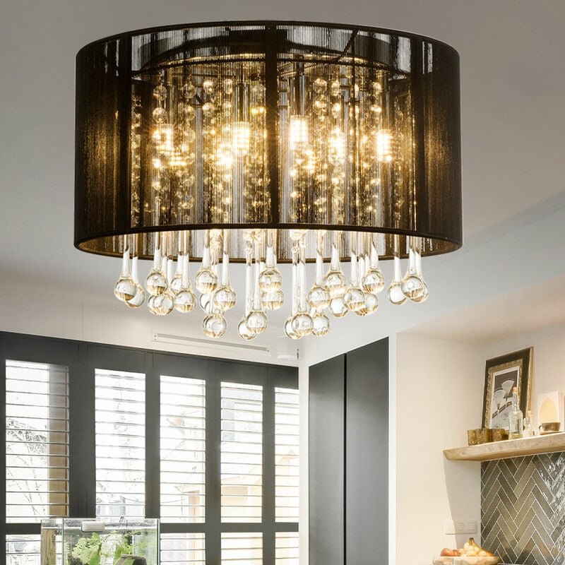 Globo - Deckenlampe Deckenleuchte schwarz Glaskristalle Esszimmer 8 flammig, Metall Seide, 8x led warmweiß, DxH 40x29 cm
