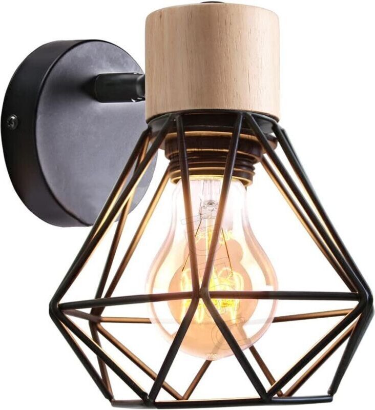 Wandleuchte im Industriedesign mit Metallkäfig, Wandlampe aus Holz, verstellbare Vintage-Dekoration, Innenbeleuchtung fü...