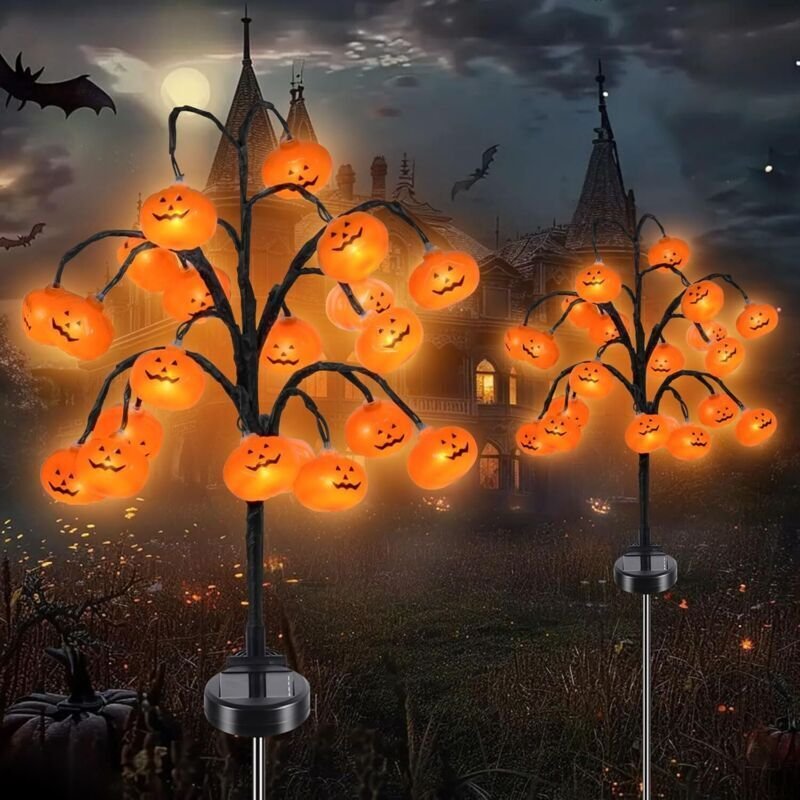 Solarbetriebene Halloween-Dekoration, Set mit 2 Solar-Kürbislichtern mit 40 LEDs für den Außenbereich, wasserdichte Hall...