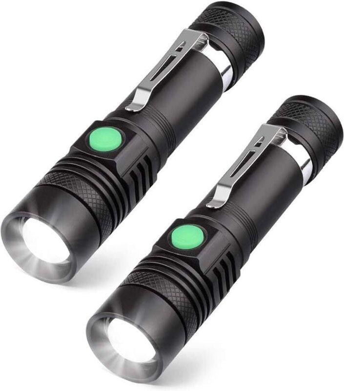 Wiederaufladbare LED-Taschenlampe per USB, wasserdicht nach IP65, für Zuhause, Camping, Wandern und Notfälle.