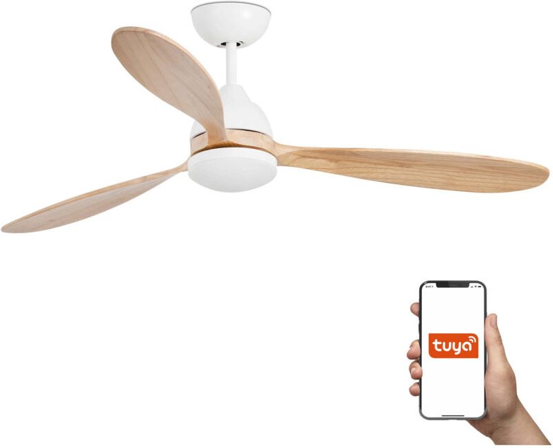 Faro Poros Großer Deckenventilator mit 3 Flügeln, Mattweiß, Kiefer, mit Licht 2700 k, Tuya Smart System