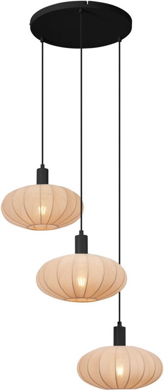 Japandi Hängelampe Schwarz mit braunem Stoffschirm 3-flammig - Bida