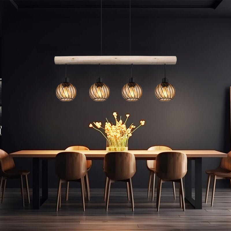 Pendelleuchte Holzlampe Hängelampe Glas Höhenverstellbar Wohnzimmer 4 flammig Holzbalken, Metall Schwarz amber, 4x E27 F...