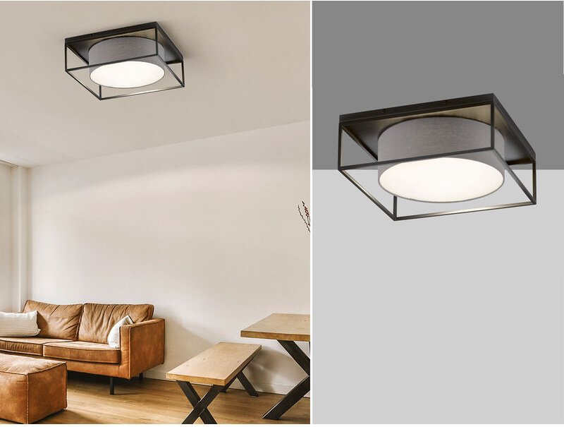 Led Deckenleuchte eckig groß mit Leinen Stoffschirm Grau, Quadrat 60cm