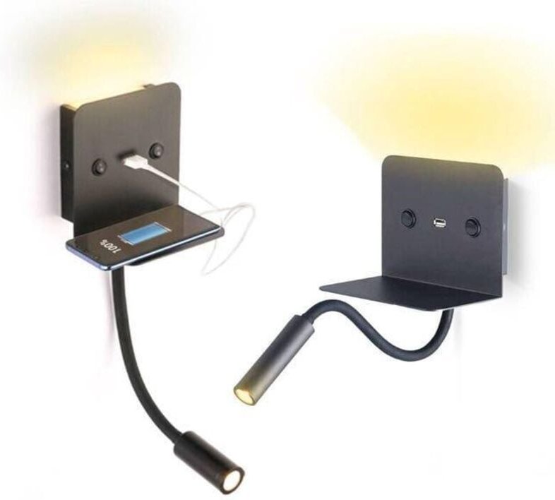 Slange 6W LED-Wandleuchte + Leseleuchte mit USB-Anschluss - Schwarz