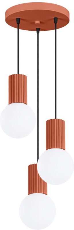 Moderne runde Dreifach-Pendelleuchte, rot-ocker, geriffeltes Glas, weiße Kugeln, für Wohnzimmer, Esszimmer, über dem Tis...