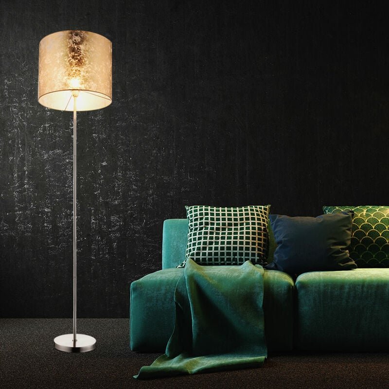 Stehleuchte gold Deckenfluter Wohnzimmerlampe Stehlampe Beistellleuchte, Nickel matt Textil gold, 1xE27, DxH 40 x 160 cm
