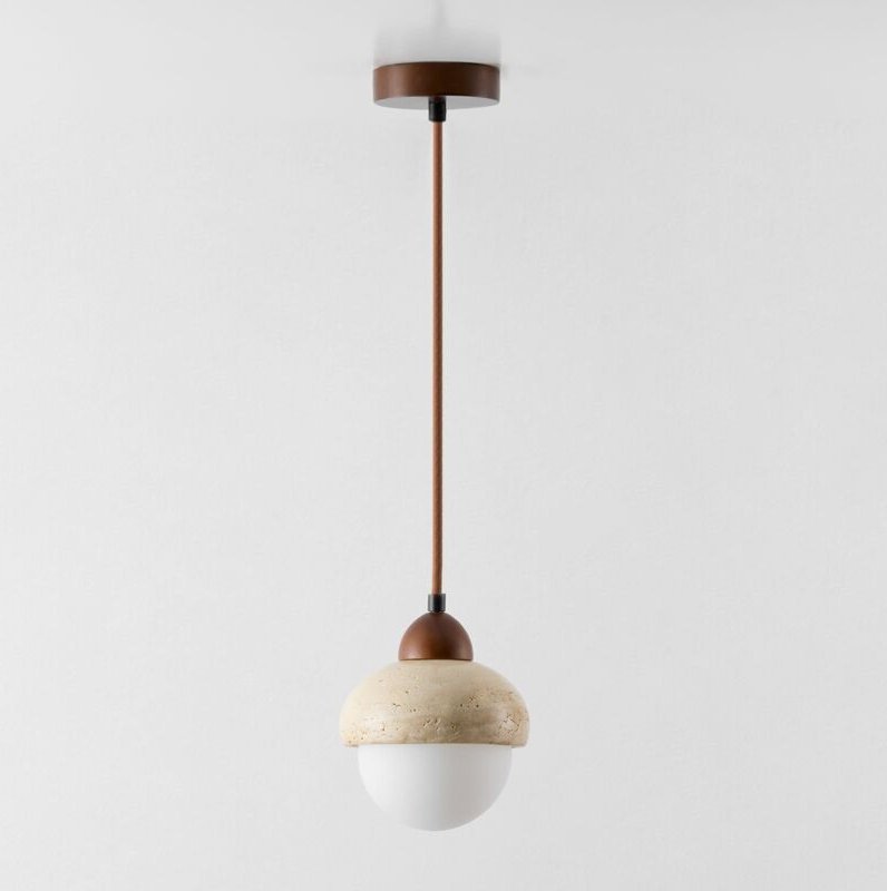 SKLUM Hängende Deckenlampe Ø15 cm aus Travertin und Holz Davise Travertine