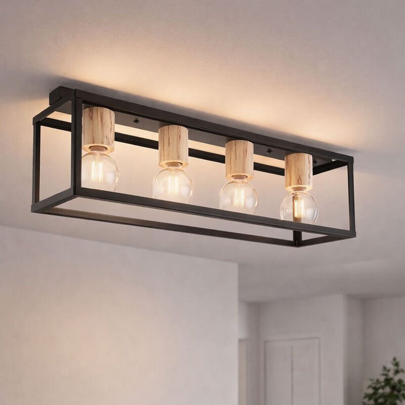 Vintage Decken Lampe schwarz Wohn Ess Zimmer Beleuchtung Holz Dekor Leuchte Globo 15476-4D