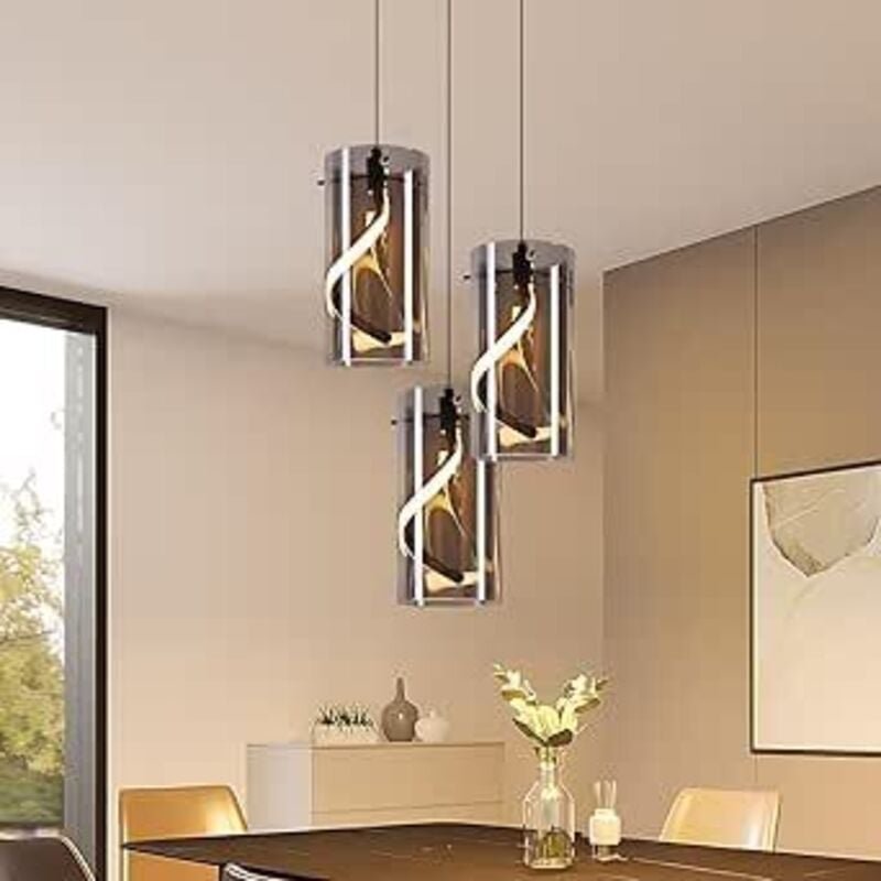 GBLY LED Pendelleuchte 3 Flammig 23W Vintage Glas Rund Rauchgrau 3000K Höhenverstellbar Für Esszimmer Küche Flur