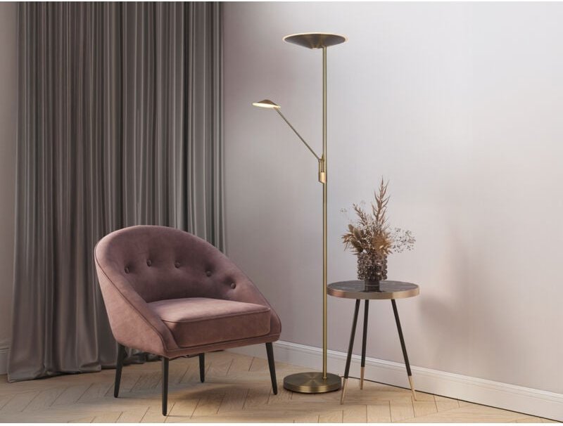 Led Deckenfluter brantford Altmessing schwenkbar mit Lesearm, Höhe 180cm