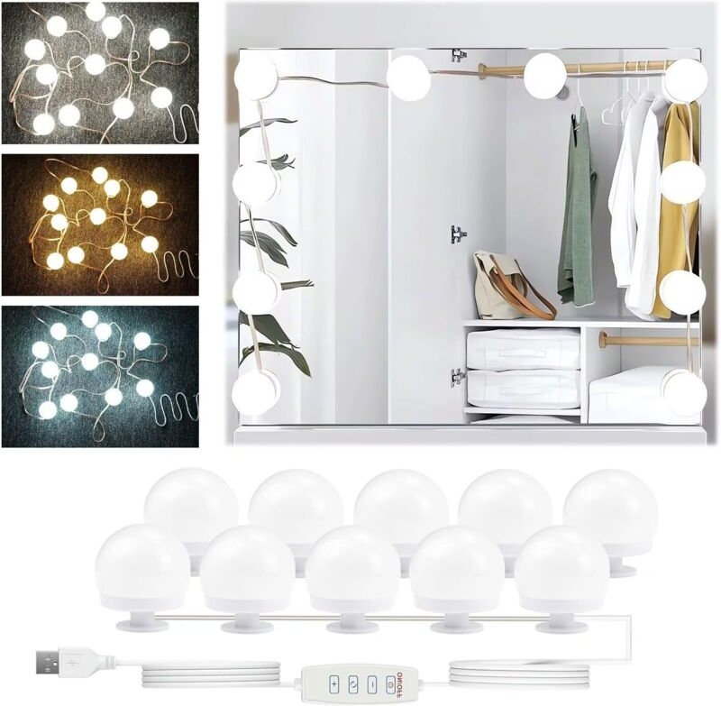 10 dimmbare Spiegelleuchte, 3 Farben, LED-Spiegel, Schminktischlampe, Schminktischleuchte, Hollywood-Make-up-Lampen für ...