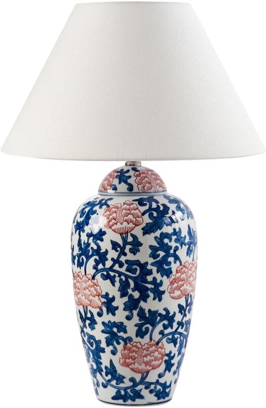 Tischleuchte Weiß und Blau Porzellansockel Leinenglockenschirm mit Blumenmuster Beleuchtung Stilvoll