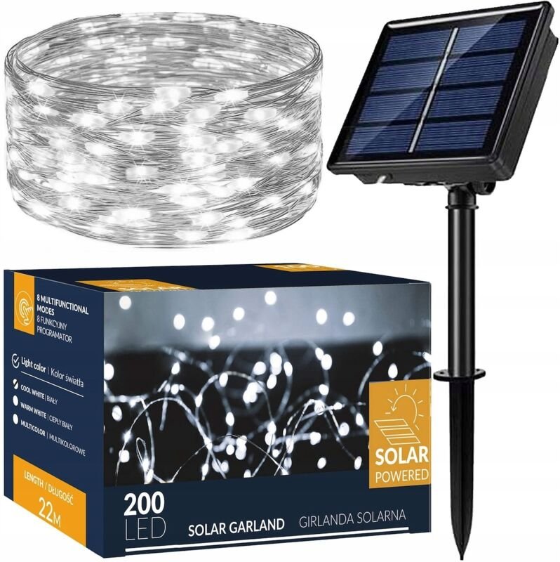LICHTERKETTE SOLAR 200 LED GARTEN solar 22m WEISS KALT