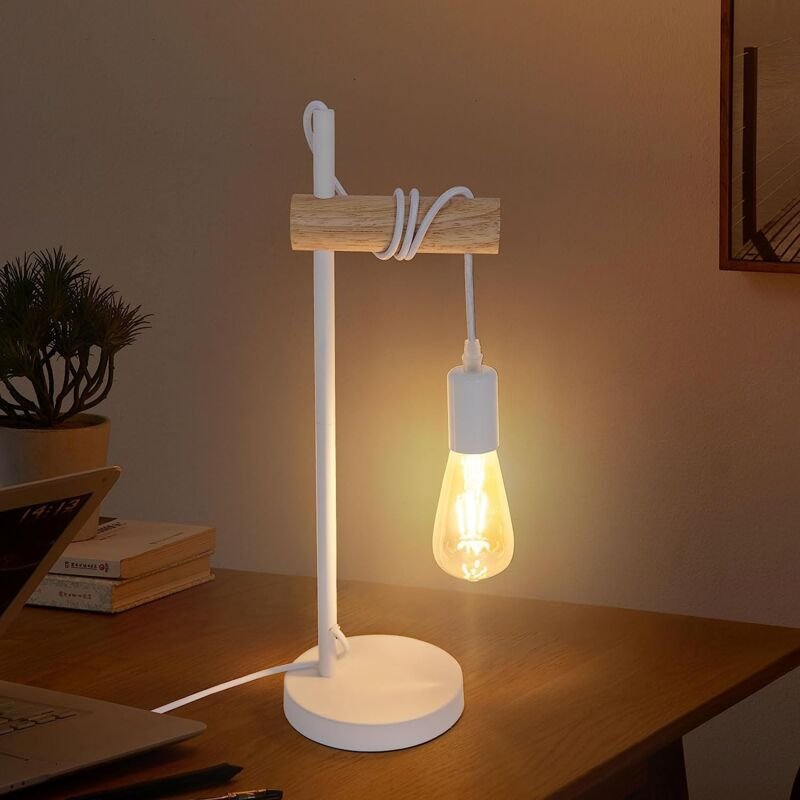 GOECO Tischlampe Vintage Holz Nachttischlampe E27 Base Für Schlafzimmer, Wohnzimmer, Büro Weiß