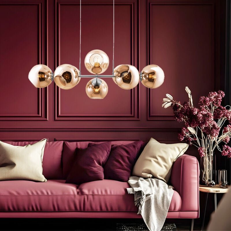 Hängelampe höhenverstellbar Esstischleuchte Pendellampe 8 flammig Wohnzimmerlampe, Glaskugeln amber, 8x E27, LxH 100 x 1...