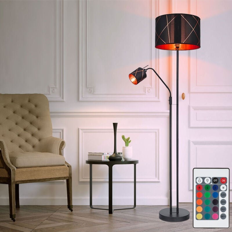 Led Stehleuchte mit Leselampe Deckenfluter dimmbar mit Fernbedienung, rgb Farbwechsel, Metall Textil schwarz gold, Lesel...