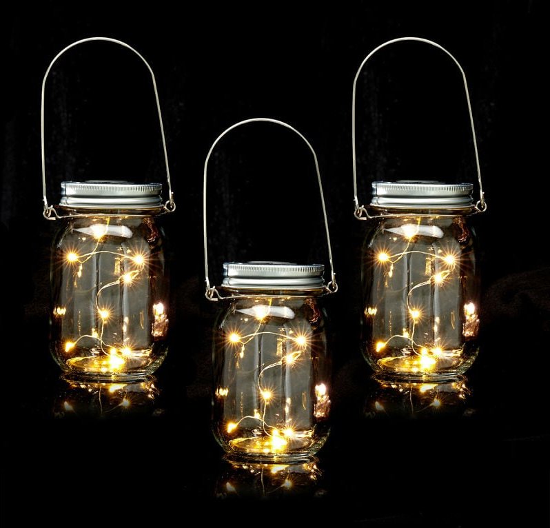 Thumbnail - Relaxdays - Solar Glas 3er Set, je 8 LEDs im Einmachglas mit Henkel, h x d: 13 x 8 cm, mit Dämmerungssensor, transparent