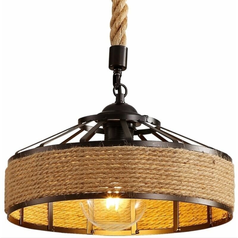 Kronleuchter aus Hanfseil, Retro-Pendelleuchte aus schwarzem Metall, Hängeleuchte im Landhausstil, E27-Flurleuchte für 2...