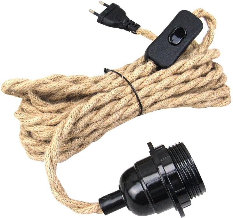 Kronleuchter aus Hanfseil mit 4,5 m Kabel, E27-Fassung, Schalter mit Kabel und Glühbirne, DIY-Pendelleuchte, kreative In...