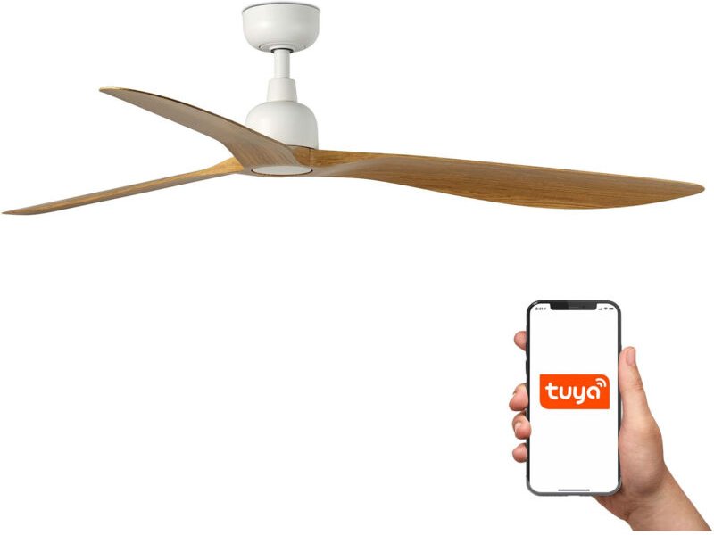 Faro Outwood Großer Deckenventilator mit 3 Flügeln, mattweiß, Eichenholz, Tuya Smart System