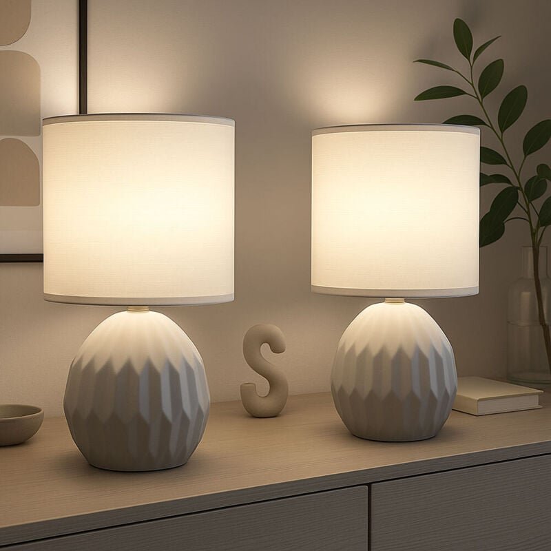 Tischlampe grau Keramik Nachttischlampe Tischleuchte Beistelllampe Wohnzimmerlampe Textil, 1x E14, DxH 12 x 23 cm, 2er S...