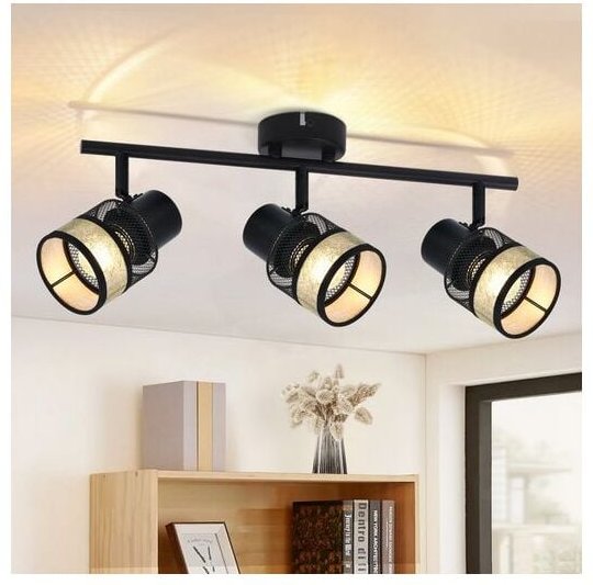 Deckenstrahler 3 Flammig Schwarz Deckenleuchte - Deckenlampe Metall Gold Vintage E27 led Deckenspot 330°Drehbar Stoffsch...