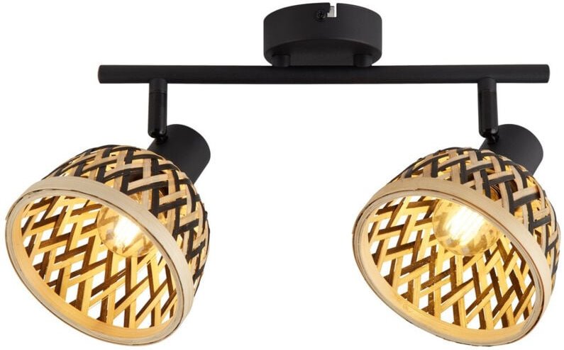 Searchlight Lance 2-flammige Doppelstrahlerleiste aus schwarzem Metall und Bambusschirm