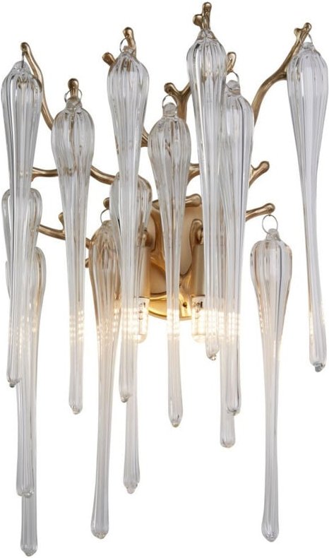 Searchlight Heritage Wandlampe mit 2 Lichtern, goldenes Metall und Tropfen aus klarem Glas