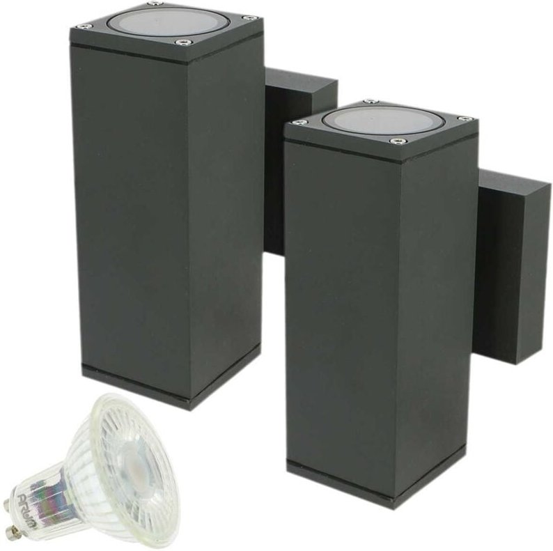 2er-Set Wandleuchten VENICE Quadratisch Anthrazitgrau Außen zweistrahlig mit 4 LED-Leuchtmitteln GU10 5W Farbtemperatur:...