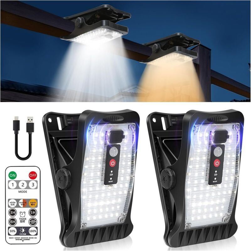 2 Solar-Klemmleuchten mit Bewegungsmelder, 70 LEDs, 3 Farbtemperaturen, USB-Anschluss und Fernbedienung, wasserdichte So...