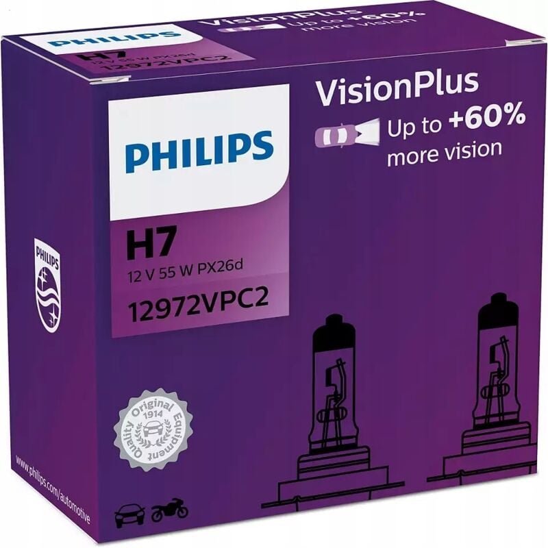 PHILIPS H7 VISION PLUS Glühbirnen +60% 12V 55W 2 Stück. PH 12972VPC2