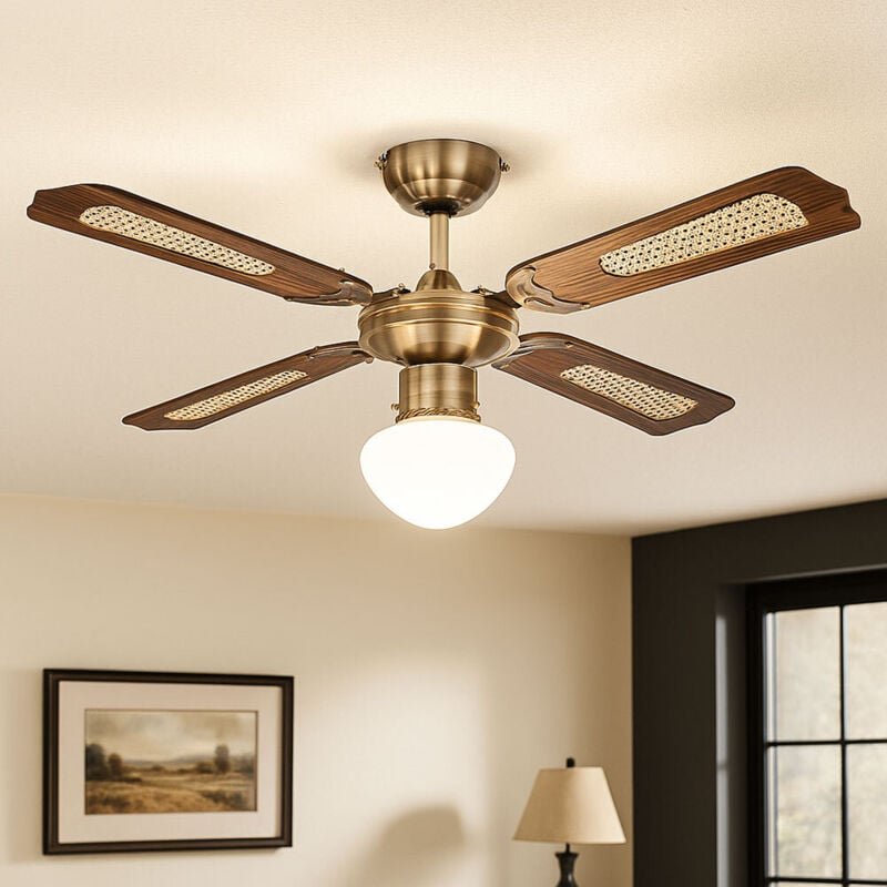 Led Deckenventilator mit Zugschalter Ventilatorlampe Decke 3 Stufen Ventilator Deckenleuchte, Vor-Rücklauf, Eiche Geflec...