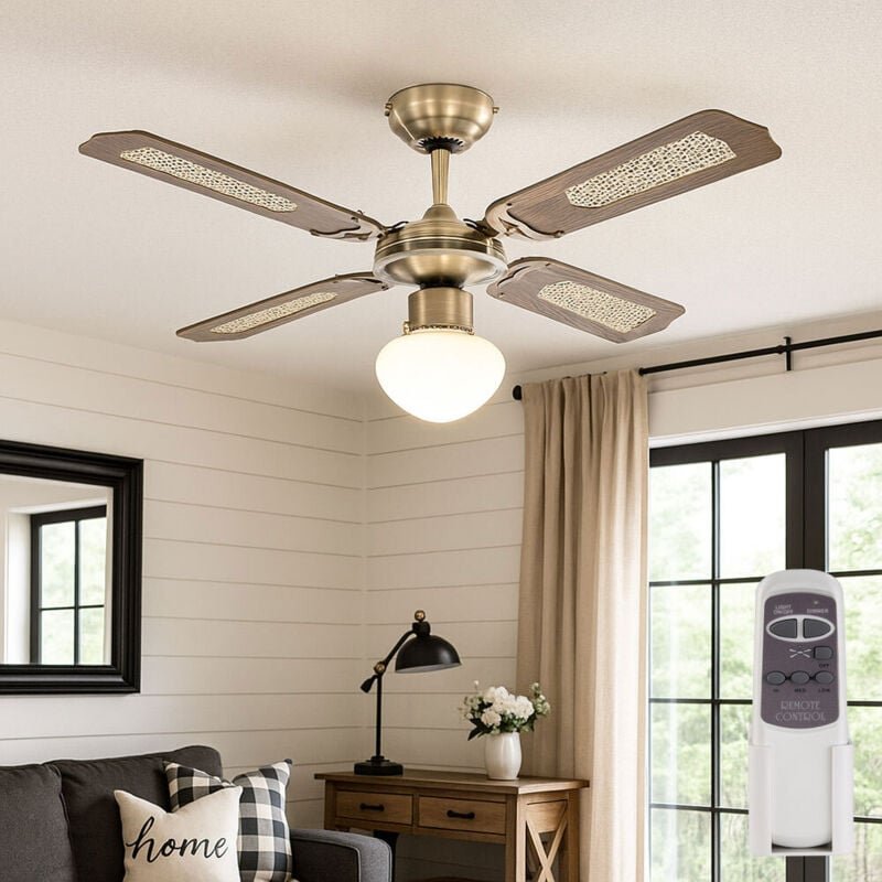 Deckenventilator mit Zugschalter Ventilatorlampe Decke 3 Stufen Ventilator mit Fernbedienung Deckenleuchte, Vor-Rücklauf...