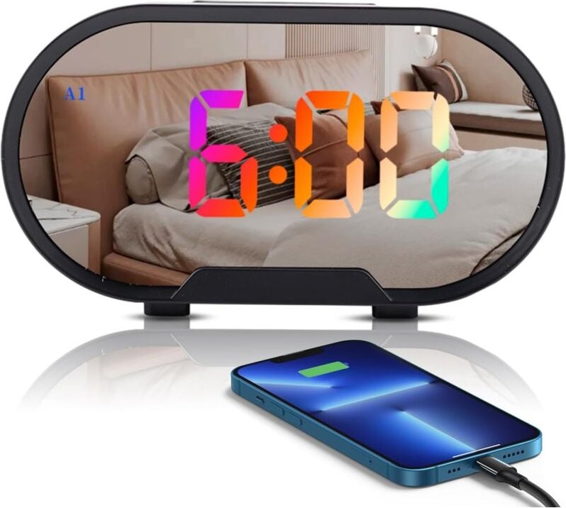 LED-Digitalwecker, 5,5 Zoll großer Bildschirm, Spiegeloberfläche, elektrische Make-up-Wecker mit Dimmmodus, einstellbare...
