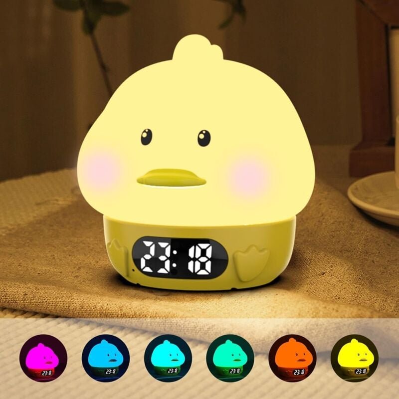 Thumbnail - Lichtwecker, Enten-Nachtlicht für Kinderzimmer, wiederaufladbare Digitaluhr, Doppelalarm, Schlummerfunktion, 9 Farbmodi,...
