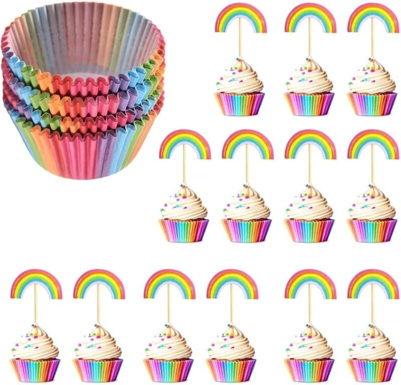 Muffinförmchen Papier, 2 Boxen mit 12 Regenbogen Deko Cupcake Topper, Ideal für Kindergeburtstag, Baby Shower und Hochze...