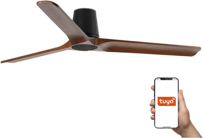 Faro Heywood Tub Großer Deckenventilator mit 3 Flügeln, Mattschwarz, Walnuss, Tuya Smart System