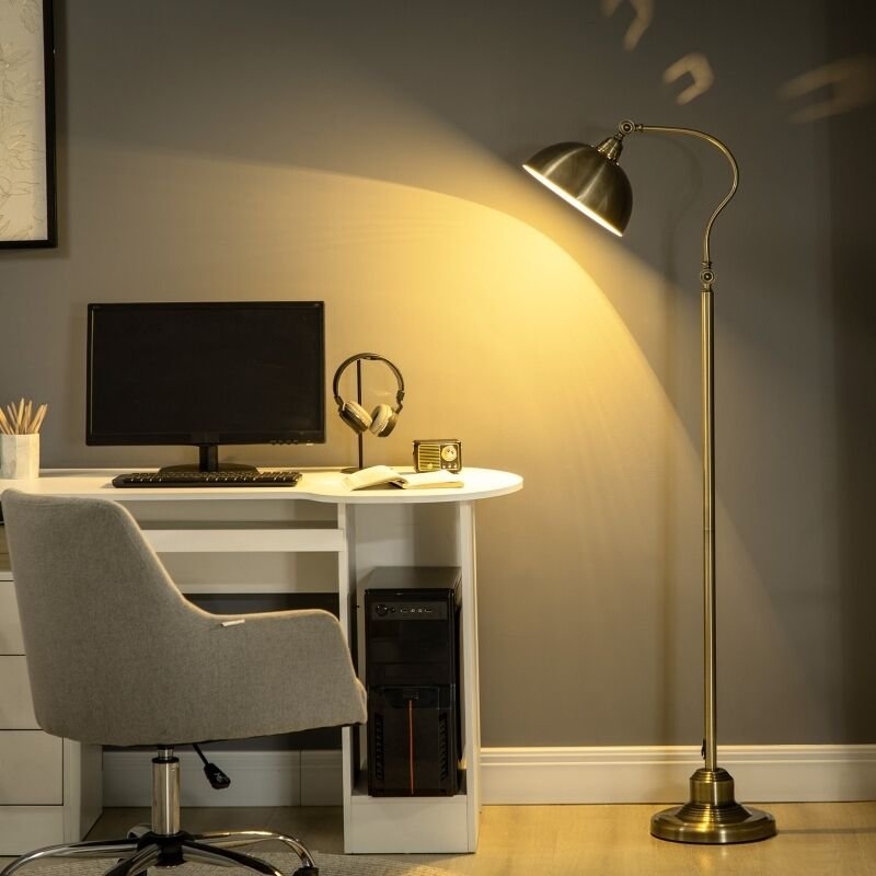Retro-Stehlampe, Bogenlampe mit verstellbarem E27-Lampenschirm, Messingoptik, für Wohnzimmer & Schlafzimmer