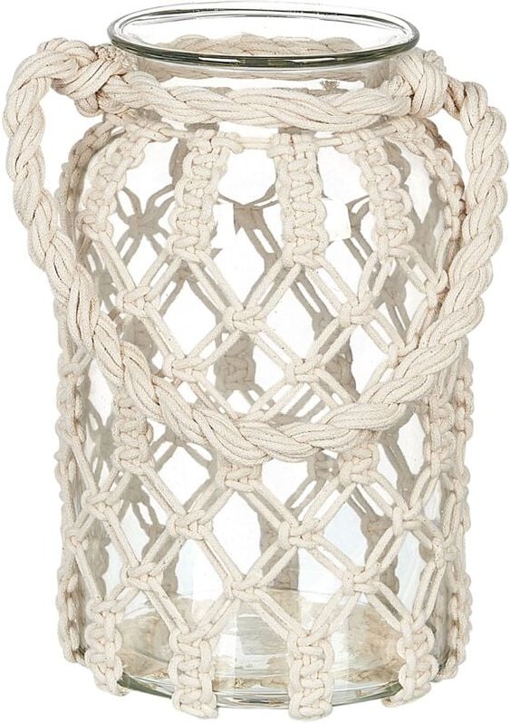 Beliani - Laterne Cremeweiß Glas und Baumwolle Makramee 31 cm mit Henkel Griff Deko Wohnzimmer Schlafzimmer Wohnaccessoi...