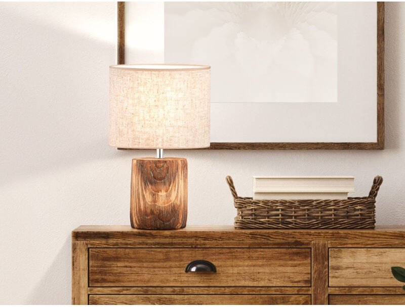 Meinewunschleuchte - led Tischlampe mit Leinenschirm Beige & Betonfuß Holzoptik, Höhe 35cm