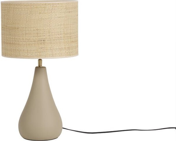 Tischleuchte aus emaillierter Keramik in Taupe mit Lampenschirm aus Bast H49 cm PYRUS
