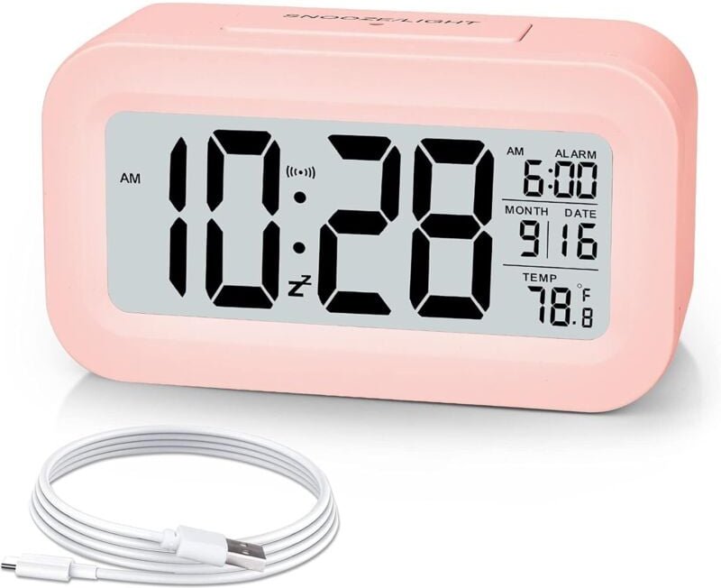 BEBUSINGOTO Wecker, kleiner digitaler Wecker, 5,1-Zoll-LCD-Display mit USB-Ladegerät, Schlummerfunktion, Minuten, Datums...