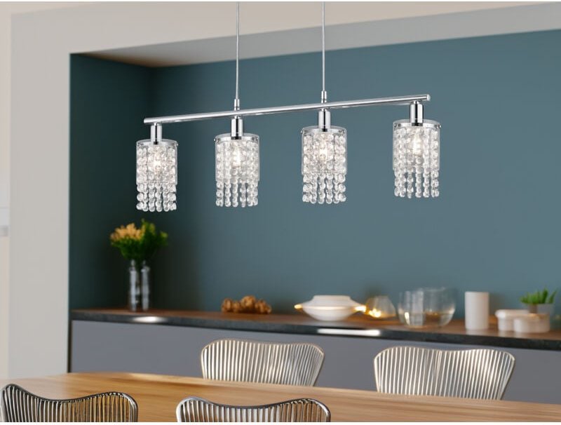 Meinewunschleuchte - led Balken Pendelleuchte 4-flammig mit Acryl Kristall Behang, Breite 80cm