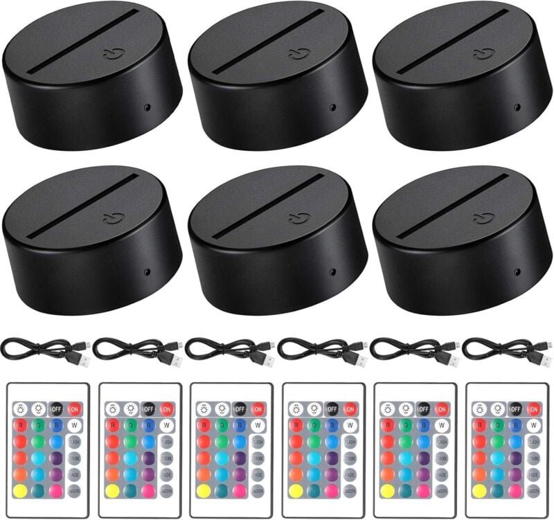 6-teilige Kunststoff-Lampe, 3D-Nachtlicht-Lampensockel mit 16 Farben, Fernbedienung, USB-Kabel, für Acryl, Restaurant, Z...