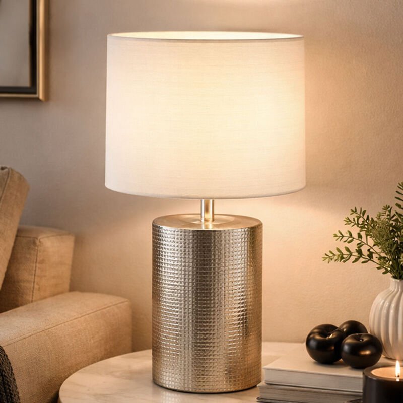 Fischer&honsel - Tischleuchte prata Keramikfuß Silber Antik & Stoffschirm Leinen Weiß, Höhe 35cm